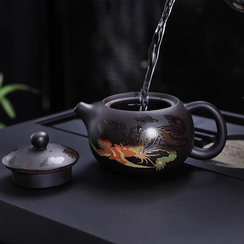 Xi Shi Yixing Zisha Teapot Set with Dragon and Phoenix Auspicious