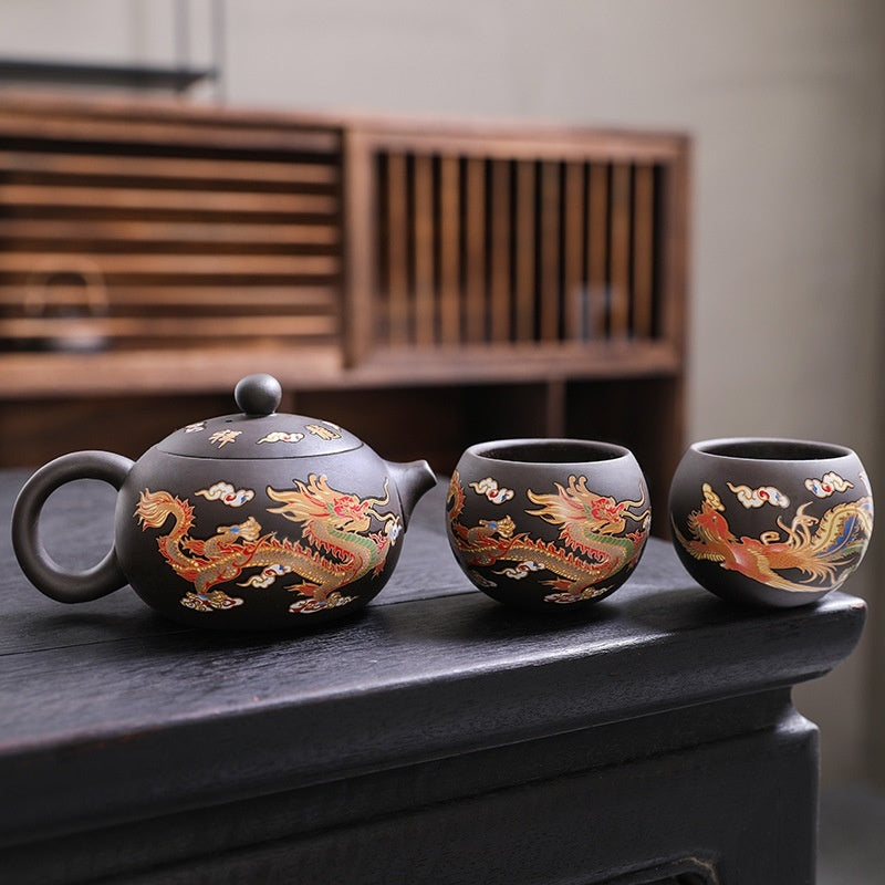 Xi Shi Yixing Zisha Teapot Set with Dragon and Phoenix Auspicious
