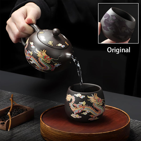 Xi Shi Yixing Zisha Teapot Set with Dragon and Phoenix Auspicious