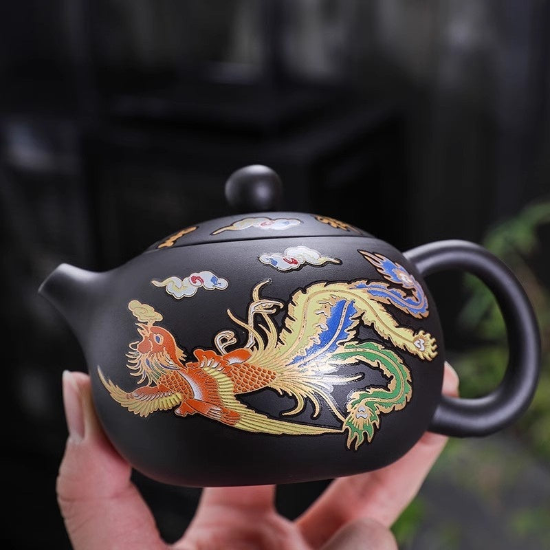Xi Shi Yixing Zisha Teapot Set with Dragon and Phoenix Auspicious