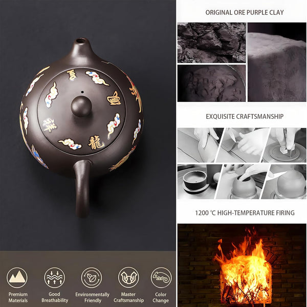 Xi Shi Yixing Zisha Teapot Set with Dragon and Phoenix Auspicious