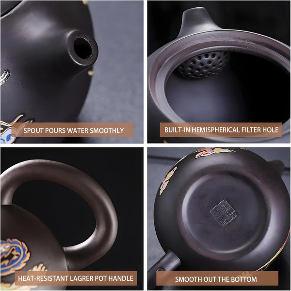 Xi Shi Yixing Zisha Teapot Set with Dragon and Phoenix Auspicious