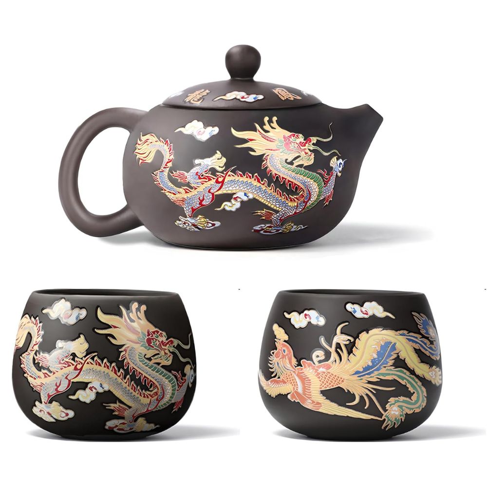 Xi Shi Yixing Zisha Teapot Set with Dragon and Phoenix Auspicious