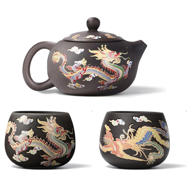 Xi Shi Yixing Zisha Teapot Set with Dragon and Phoenix Auspicious