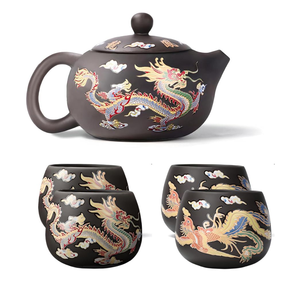 Xi Shi Yixing Zisha Teapot Set with Dragon and Phoenix Auspicious